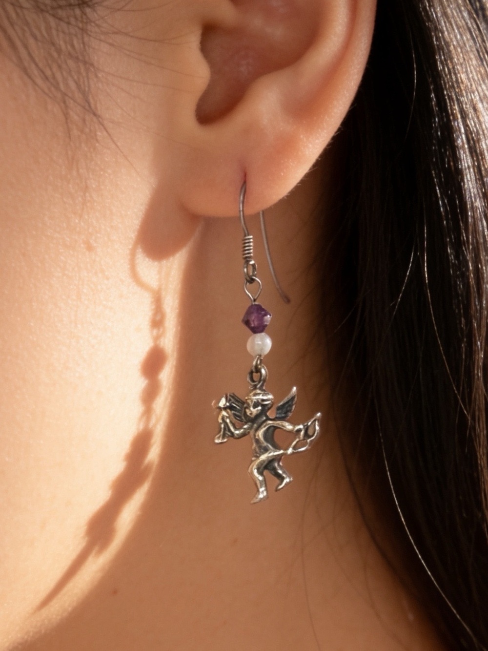 Sterling Silver Cupid Earrings w Swarovski & Rose Quartz